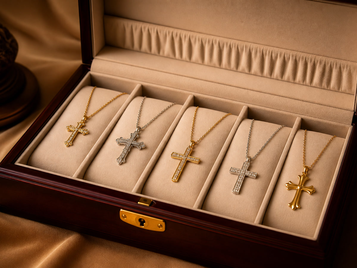 Multiple cross necklaces carefully stored inside a lined jewelry box with soft velvet cushion