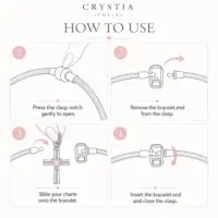 Four step guide showing how to open the clasp and slide a charm onto the bracelet
