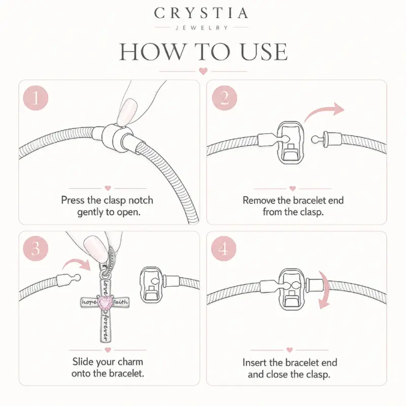 charm-bracelet-how-to-use Four step guide showing how to open the clasp and slide a charm onto the bracelet