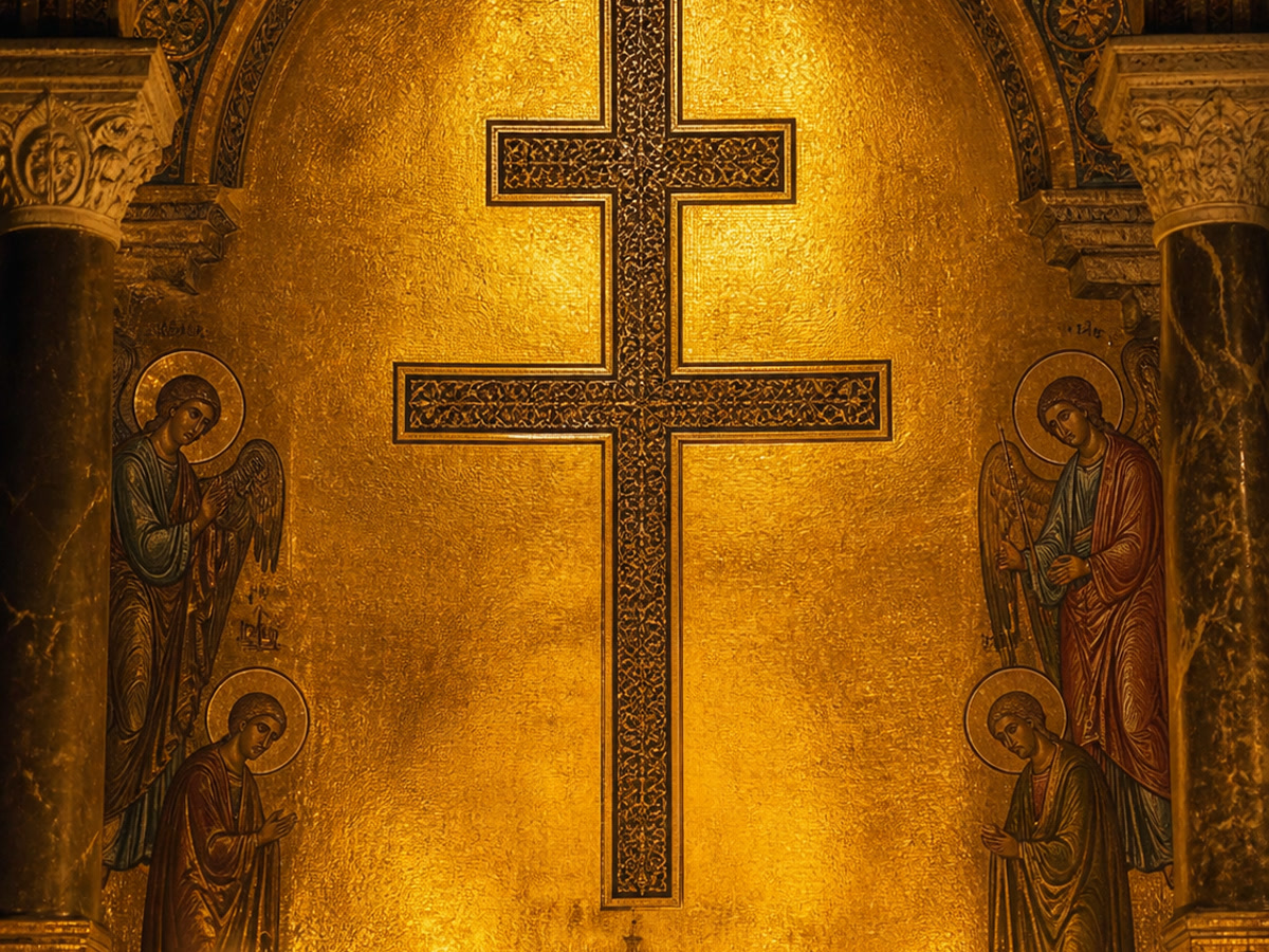 A Byzantine patriarchal cross mosaic in gold leaf, featuring the distinctive two-bar design with angel and saint figures on either side.