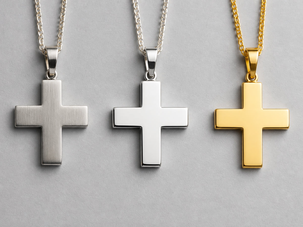 Three Greek cross pendants in stainless steel, sterling silver, and gold plated