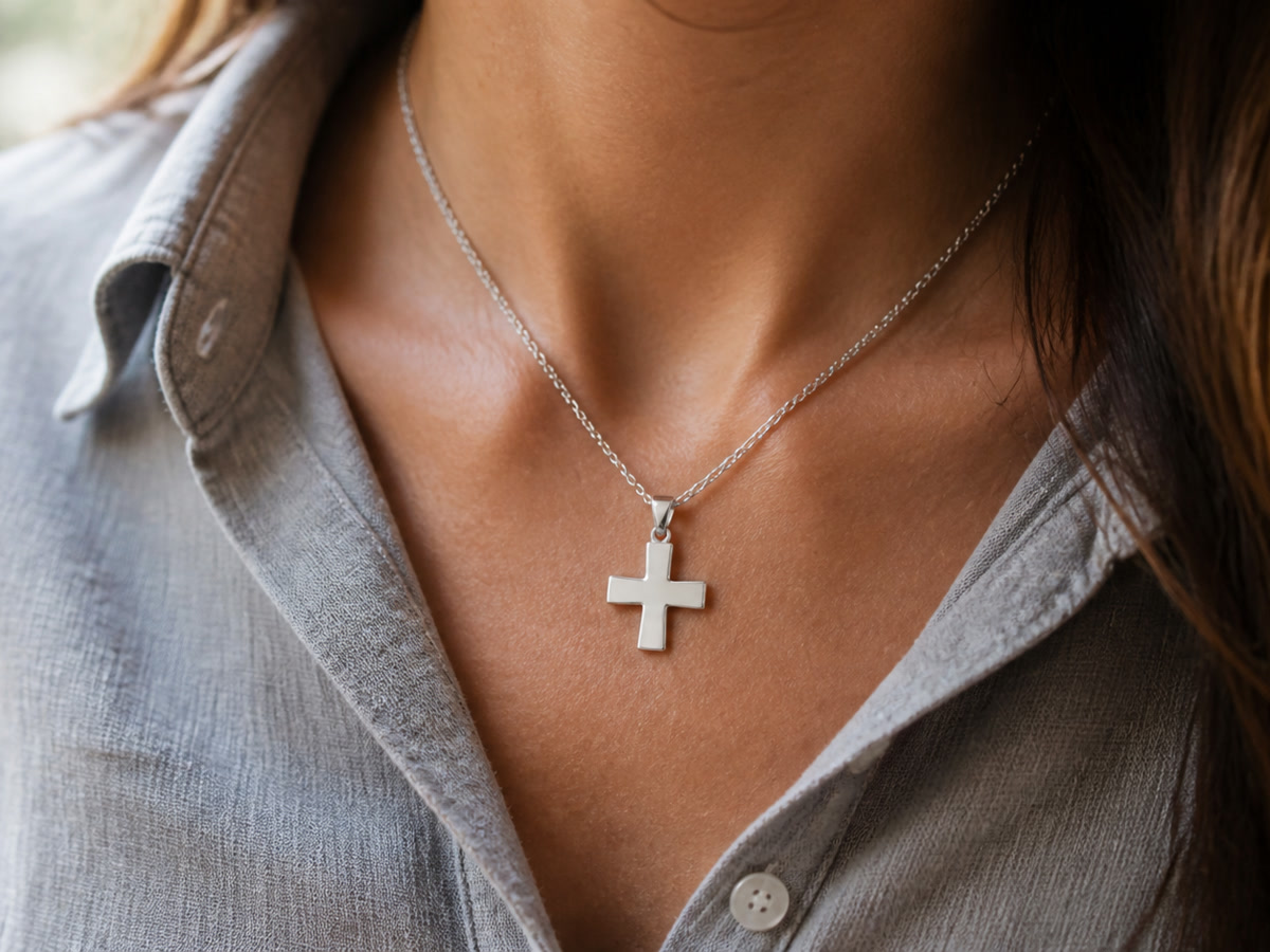 Person wearing a Greek cross necklace with four equal arms against a soft grey linen shirt