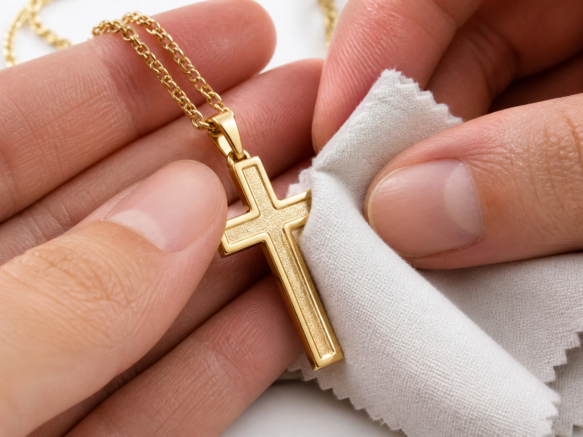 Hands gently cleaning a gold-plated cross necklace with a soft microfiber cloth