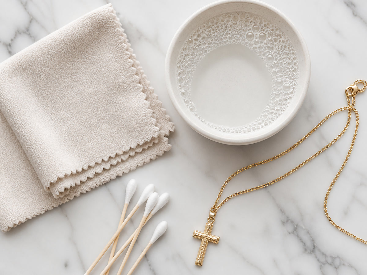 Flat lay of jewelry cleaning supplies including microfiber cloth, mild soap, cotton swabs, and a gold-plated cross necklace on white marble