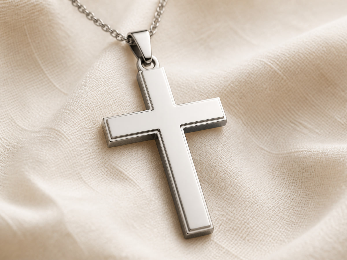Elegant Latin cross pendant in polished stainless steel on a light chain, product photography