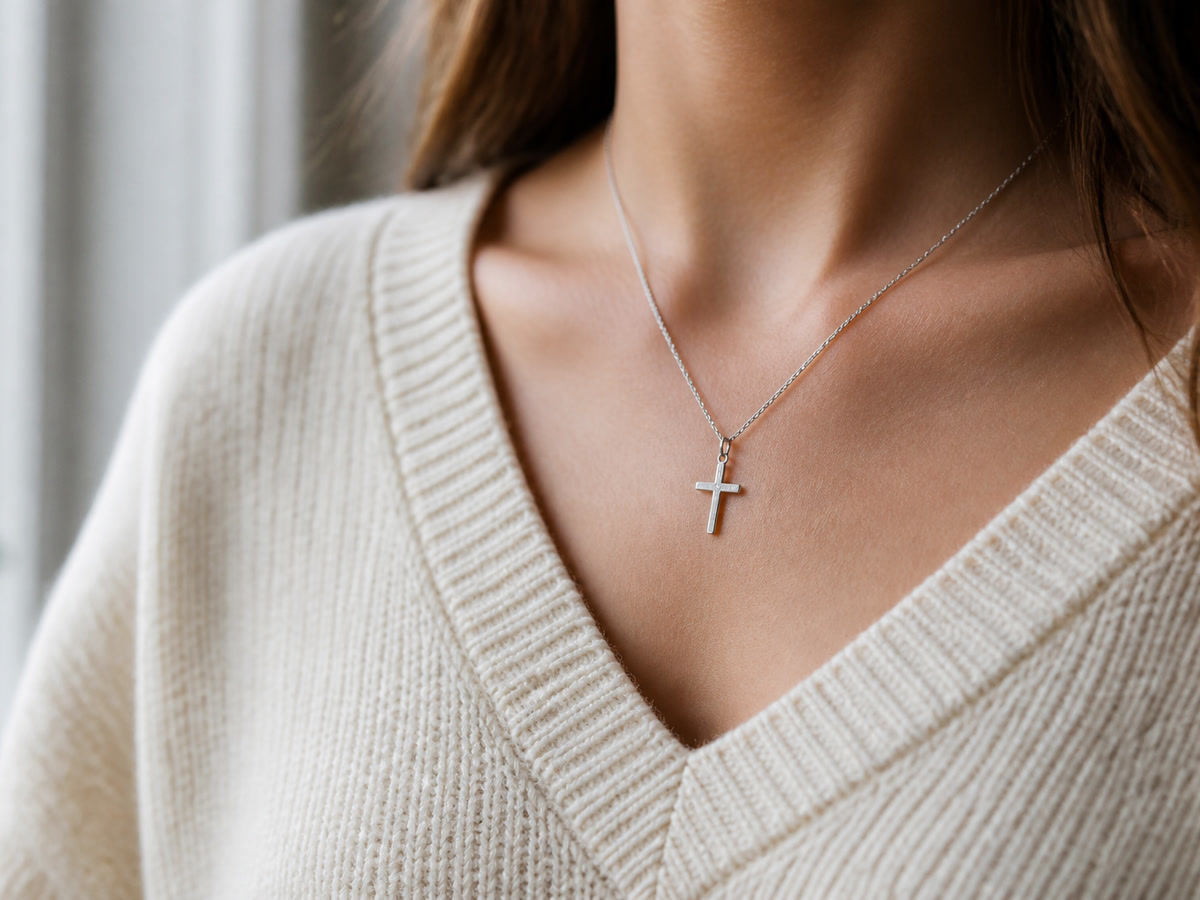 Person wearing a simple Latin cross necklace against a soft cream sweater