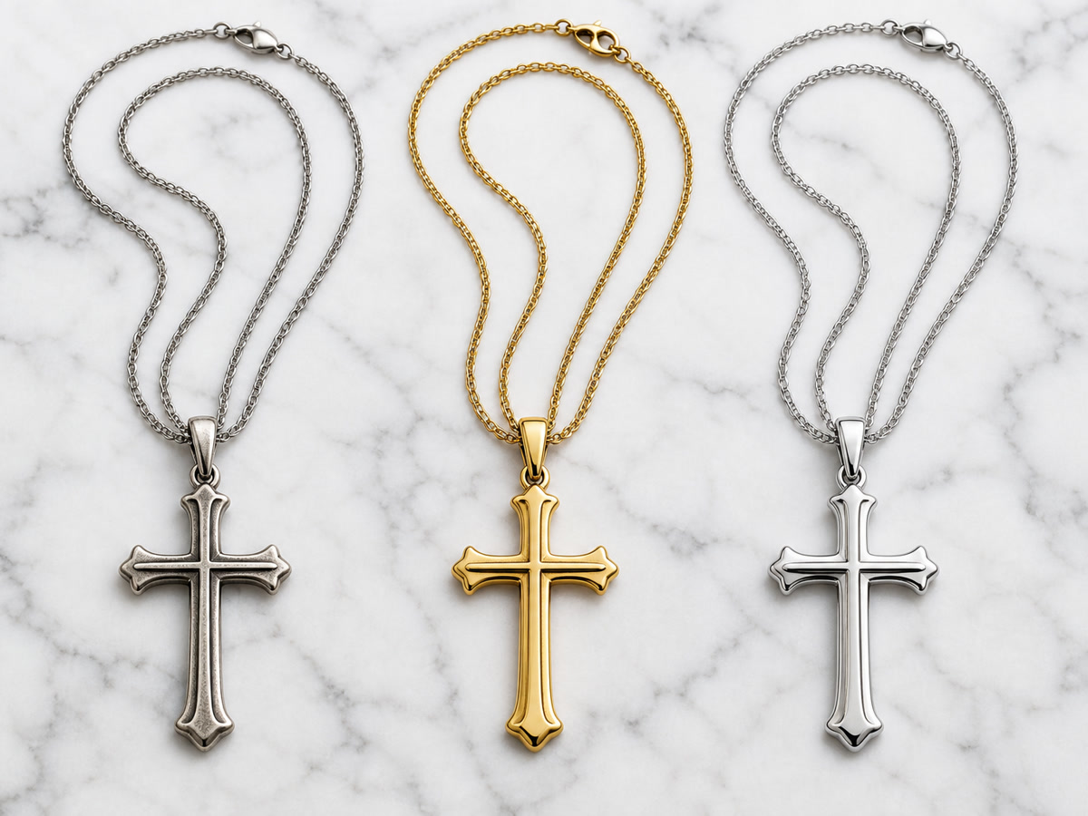 Comparison of sterling silver, gold plated, and stainless steel cross necklaces showing different levels of tarnish resistance
