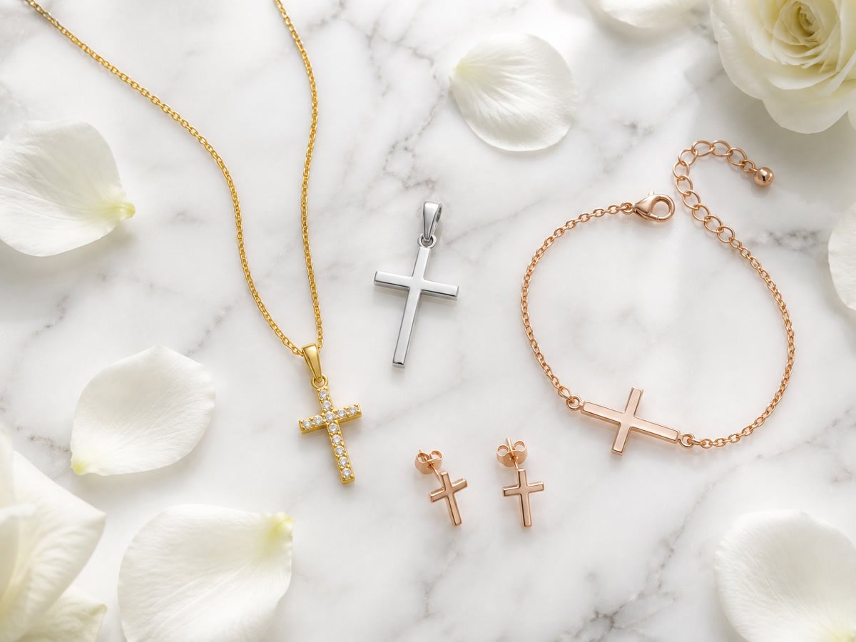 Flat lay of various cross jewelry pieces on marble with rose petals, including gold, silver, and rose gold options