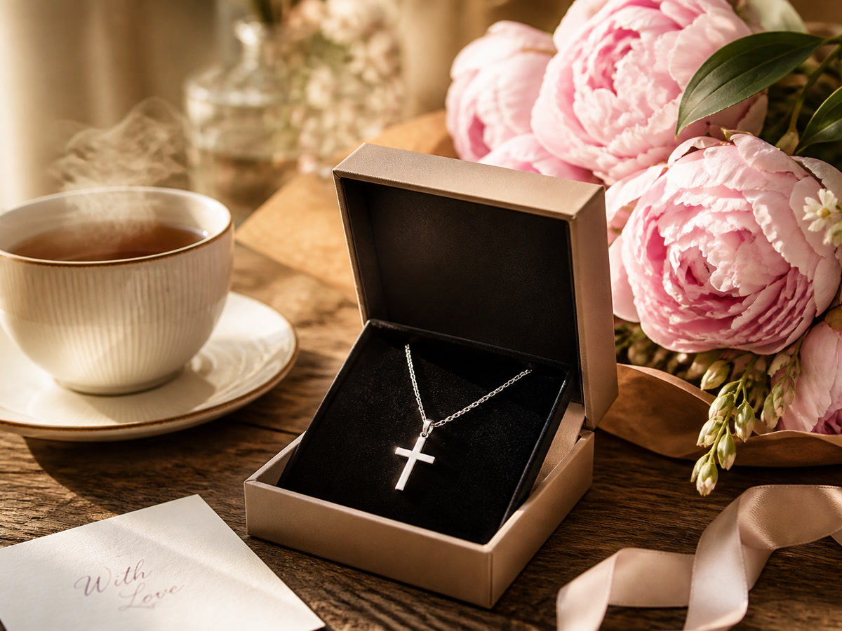 Sterling silver cross necklace displayed in an open gift box with peonies and a tea cup