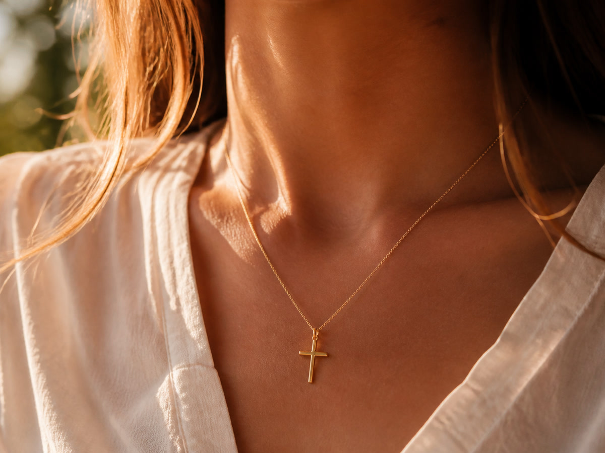 Woman wearing a delicate gold cross necklace with a white blouse, warm golden hour lighting