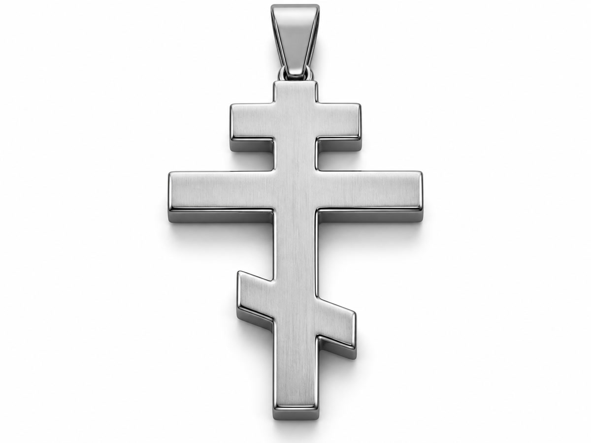 Close-up of a stainless steel Orthodox three-barred cross pendant showing the three horizontal bars