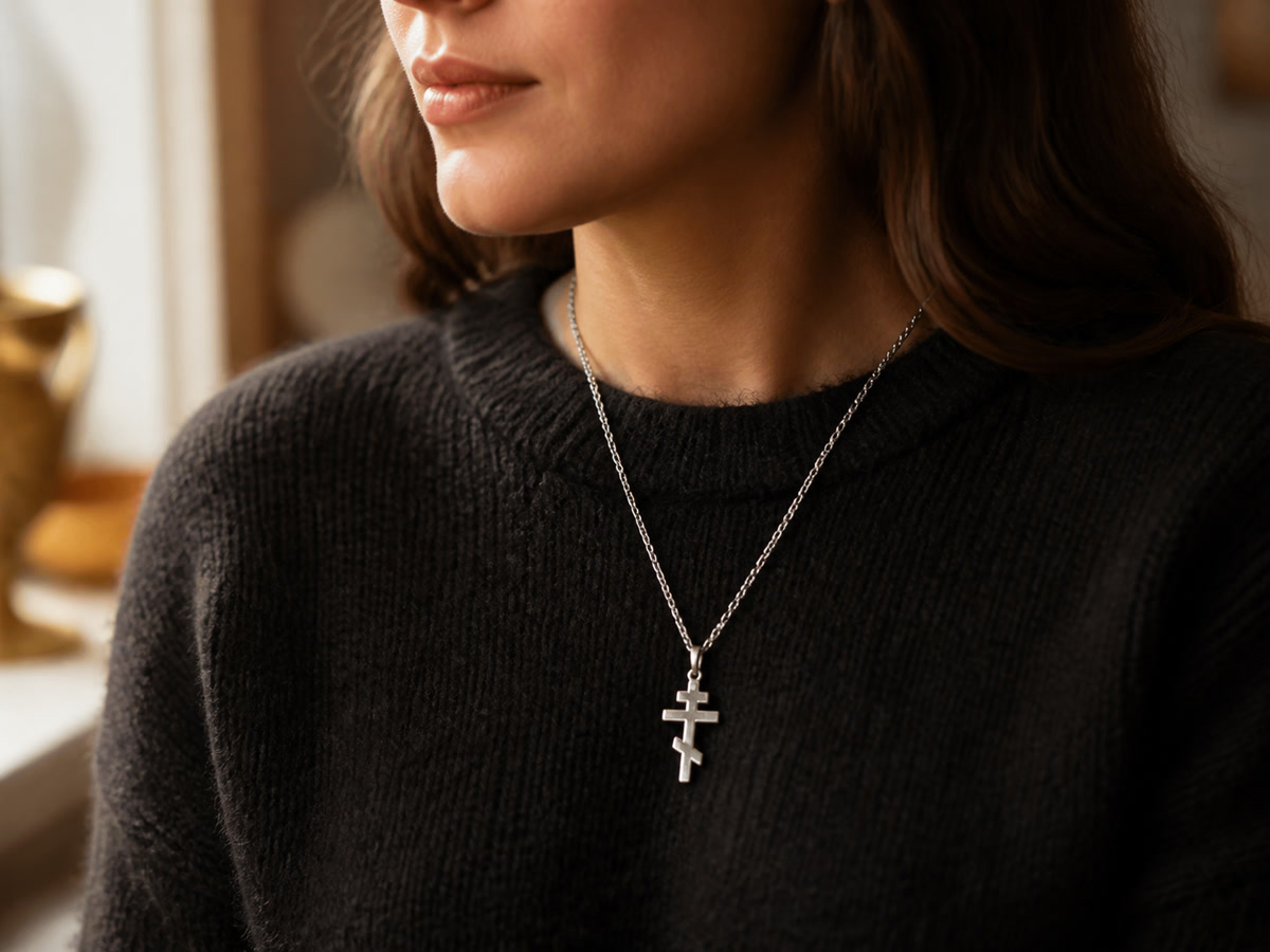 Woman wearing an Orthodox three-barred cross necklace over a dark sweater