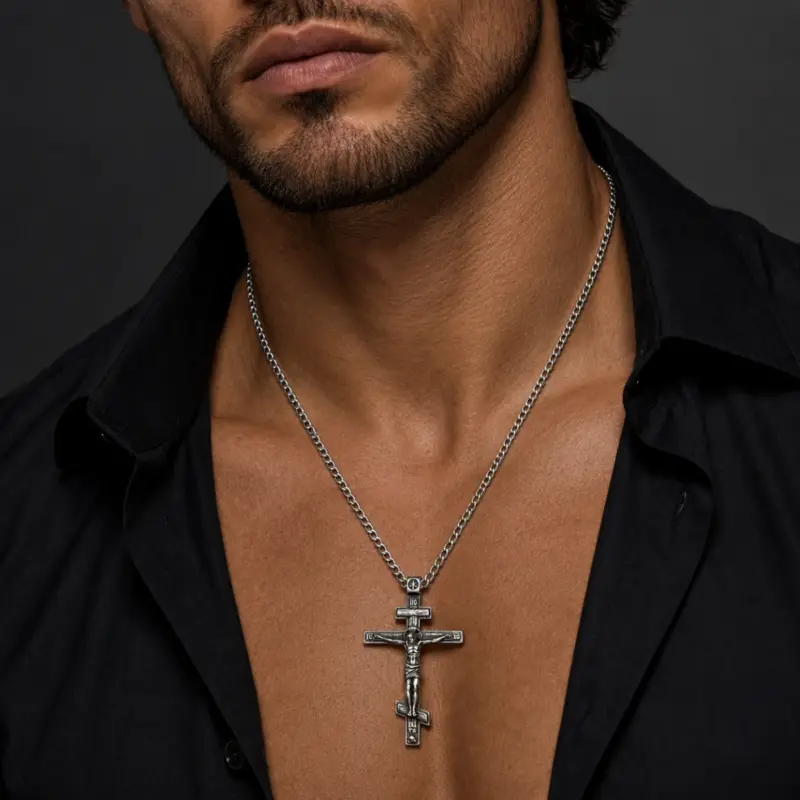mens-orthodox-cross-pendant-worn Man wearing an oxidized Orthodox cross pendant over an open black shirt