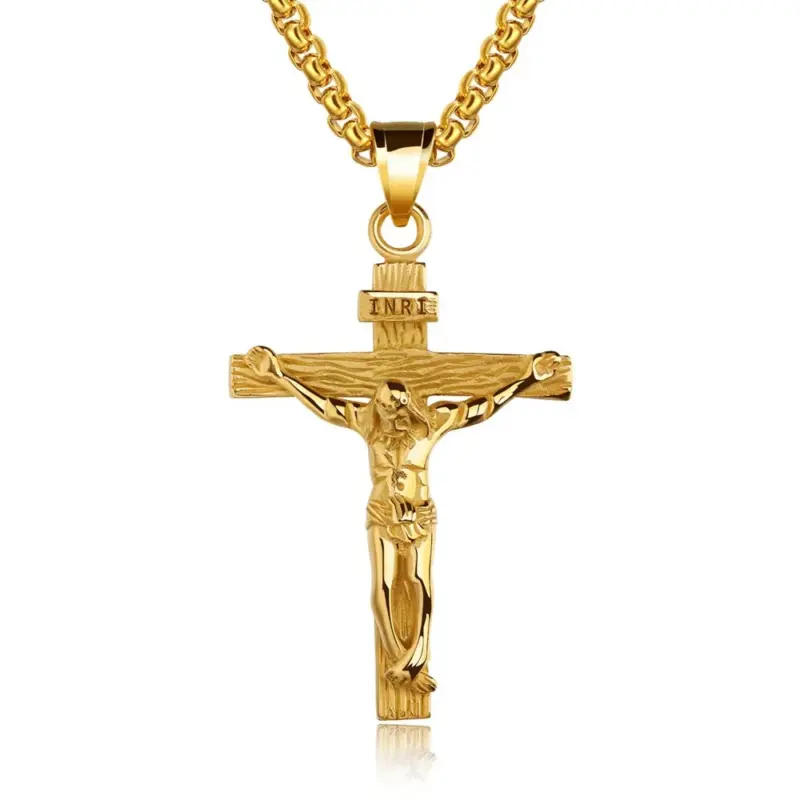 gold-crucifix-necklace-box-chain Gold crucifix necklace with INRI titulus and textured cross arms on a box chain