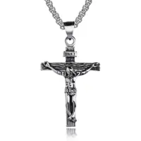 Antiqued silver crucifix necklace with INRI titulus and grained cross arms on a box chain