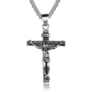 Antiqued silver crucifix necklace with INRI titulus and grained cross arms on a box chain