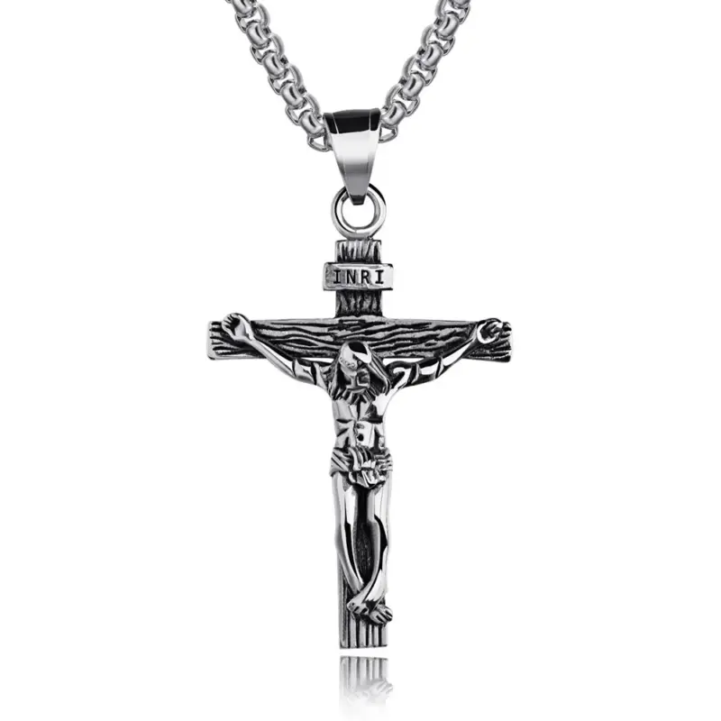 Antiqued silver crucifix necklace with INRI titulus and grained cross arms on a box chain