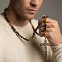 Man holding a tiger eye beaded necklace with silver cross pendant
