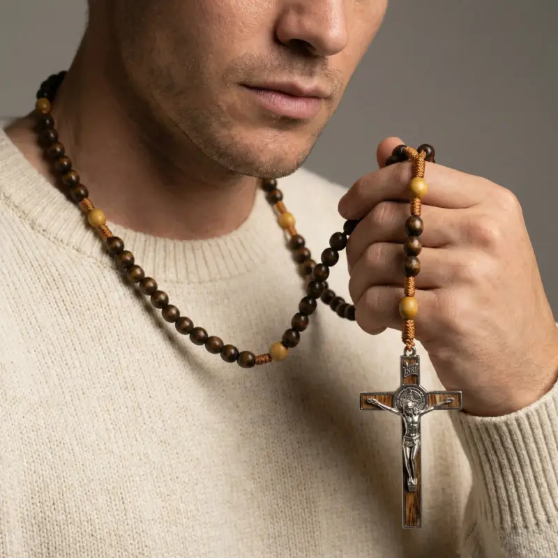 mens-tiger-eye-cross-necklace-in-hand Man holding a tiger eye beaded necklace with silver cross pendant