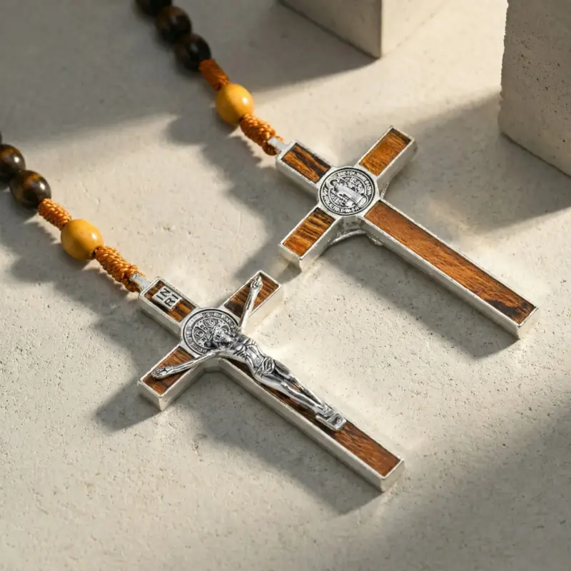 tiger-eye-beaded-cross-necklace-detail.webp Tiger eye beaded necklace with silver cross pendant detail