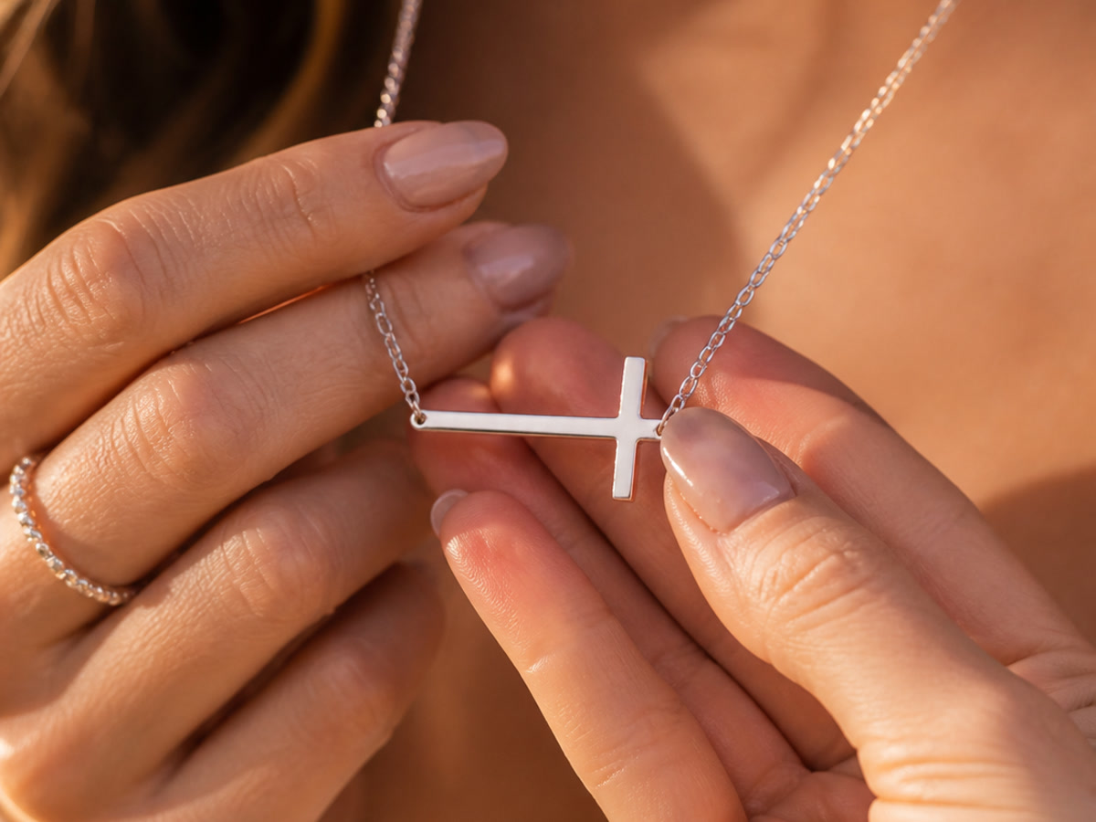 Woman holding a sideways cross necklace pendant on a delicate silver chain