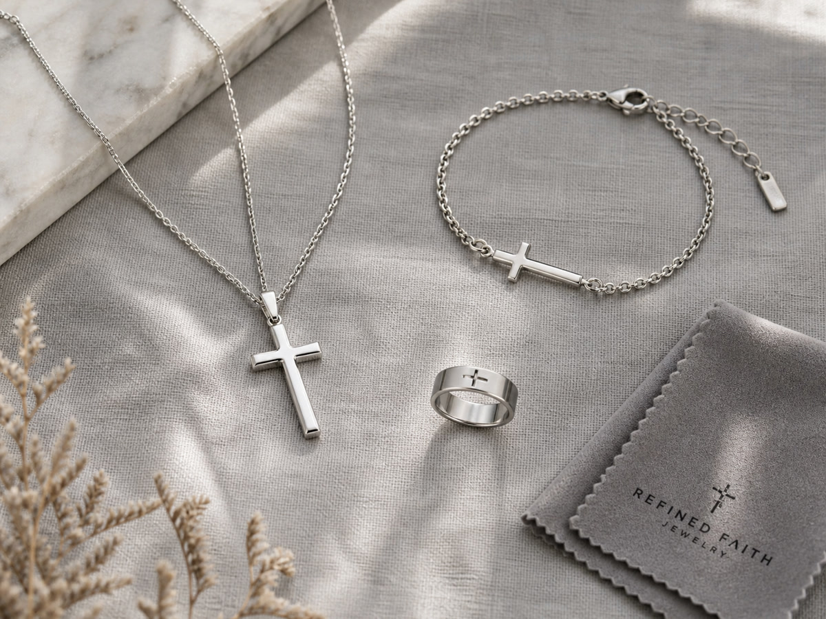Collection of stainless steel cross jewelry pieces including necklaces, bracelets, and rings arranged on linen fabric with a cleaning cloth nearby.