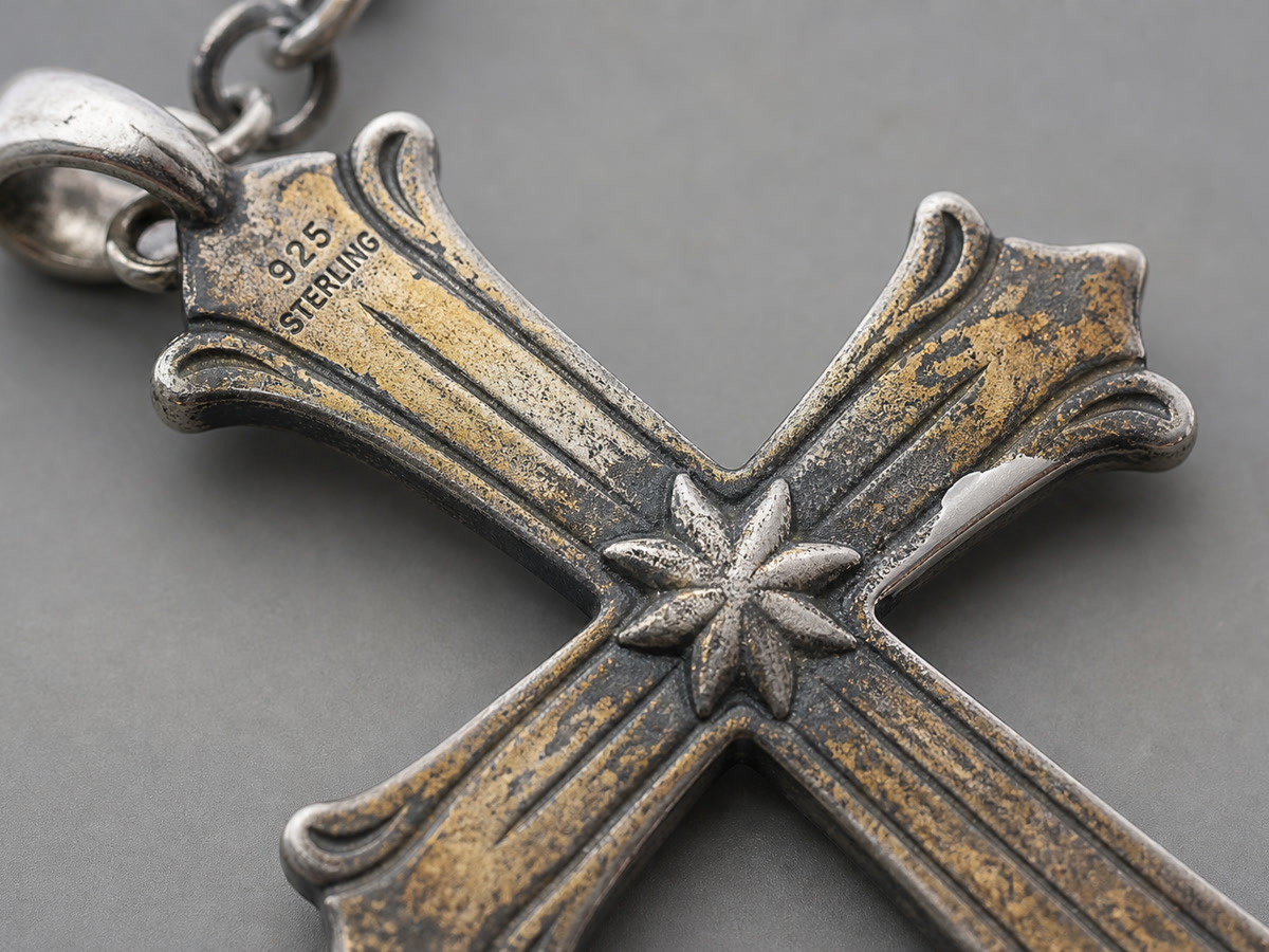 Close-up of tarnished sterling silver cross necklace showing dark oxidation in the crevices