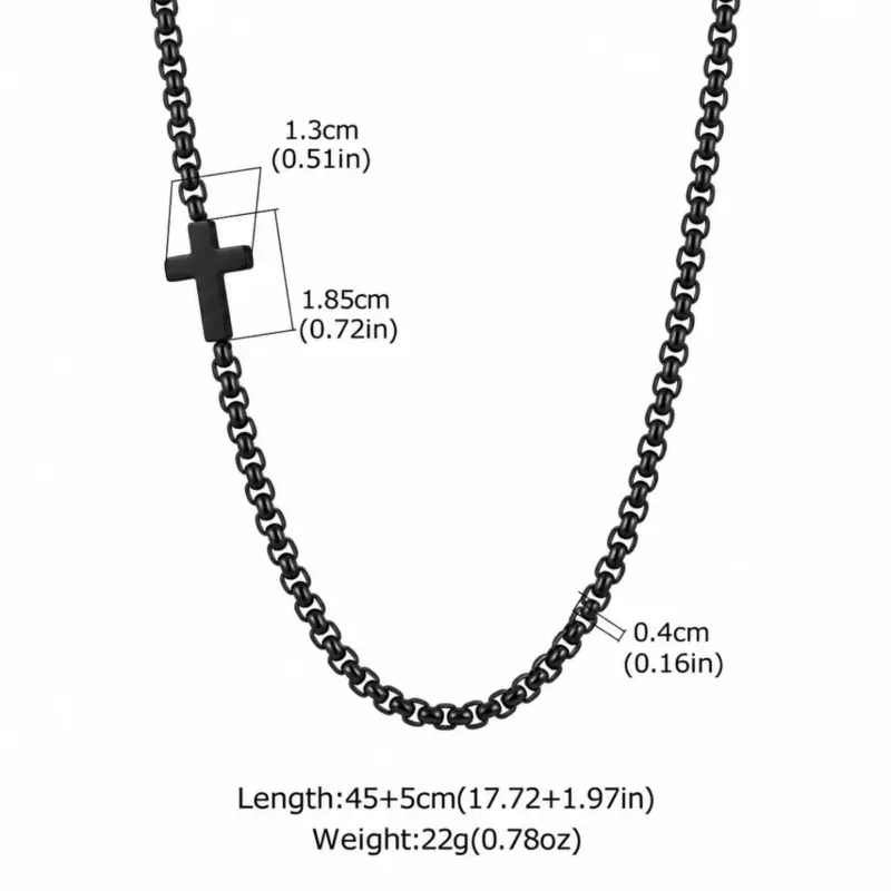 black sideways cross necklace verso Measurement chart for the black cross link necklace, 45 plus 5 cm, 22 grams