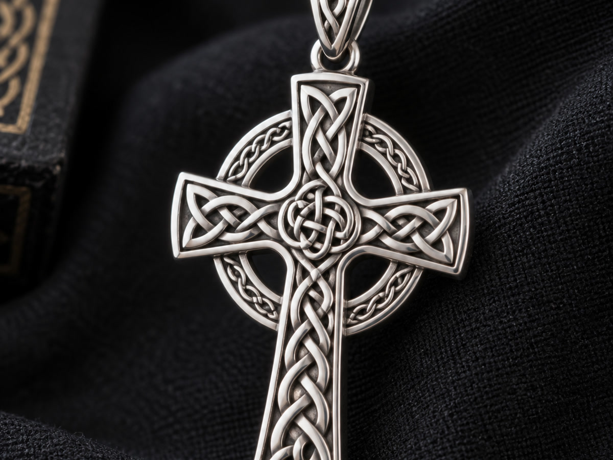 Close-up of a sterling silver Celtic cross pendant showing intricate interlace knotwork patterns and the characteristic ring nimbus, photographed against a dark background with soft studio lighting