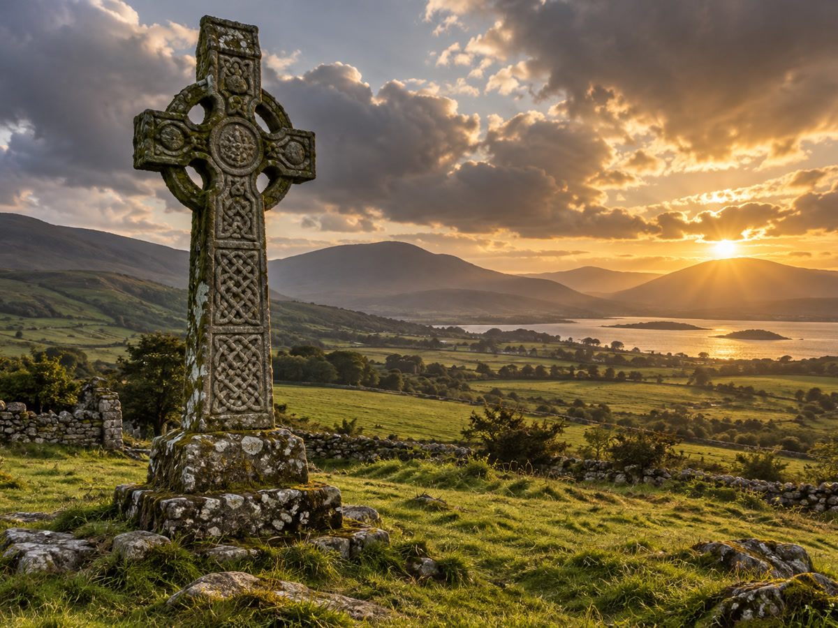 Ancient Celtic high cross standing in an Irish green field at golden hour, with intricate knotwork carvings and a ring nimbus, rolling hills and water visible in the background under dramatic clouds