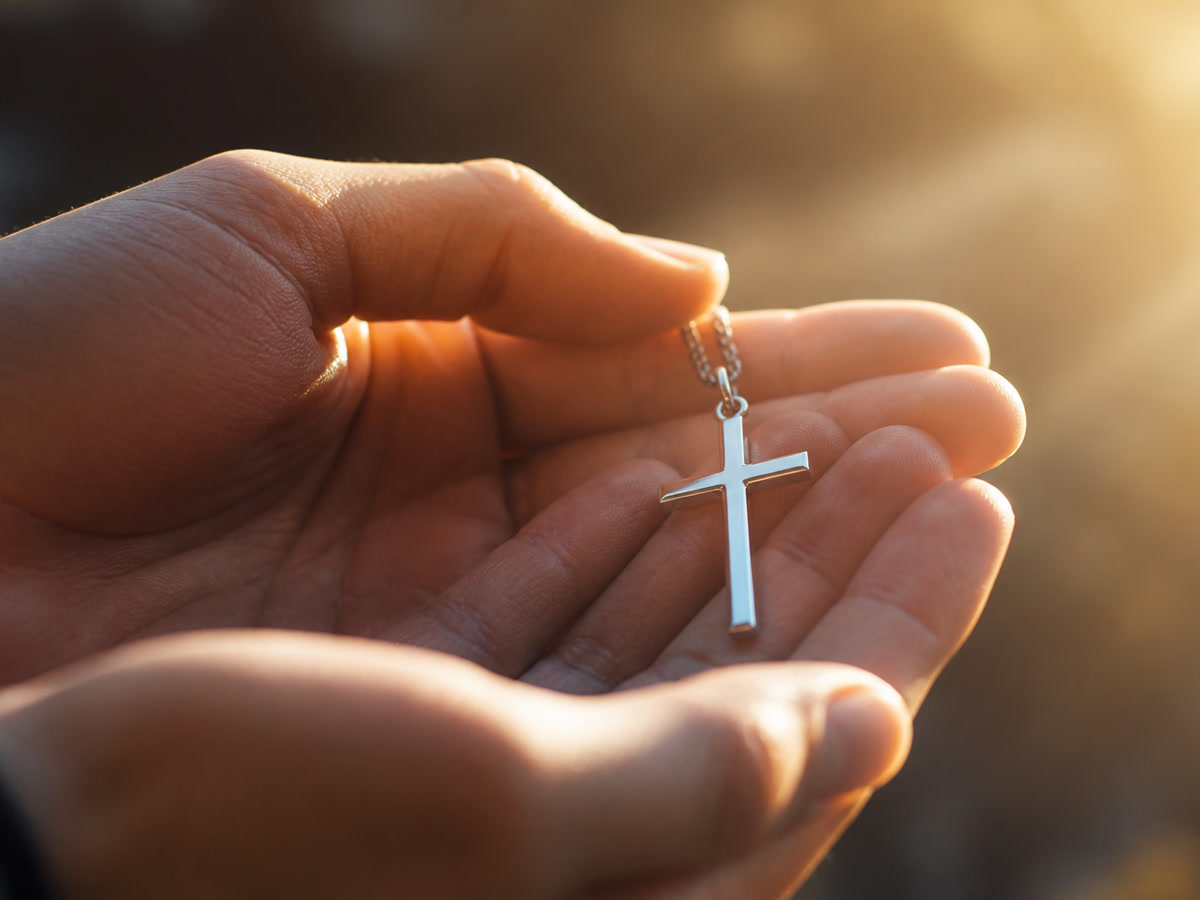 Hands gently holding a silver cross pendant in warm sunlight, symbolizing spiritual reflection and personal meaning.