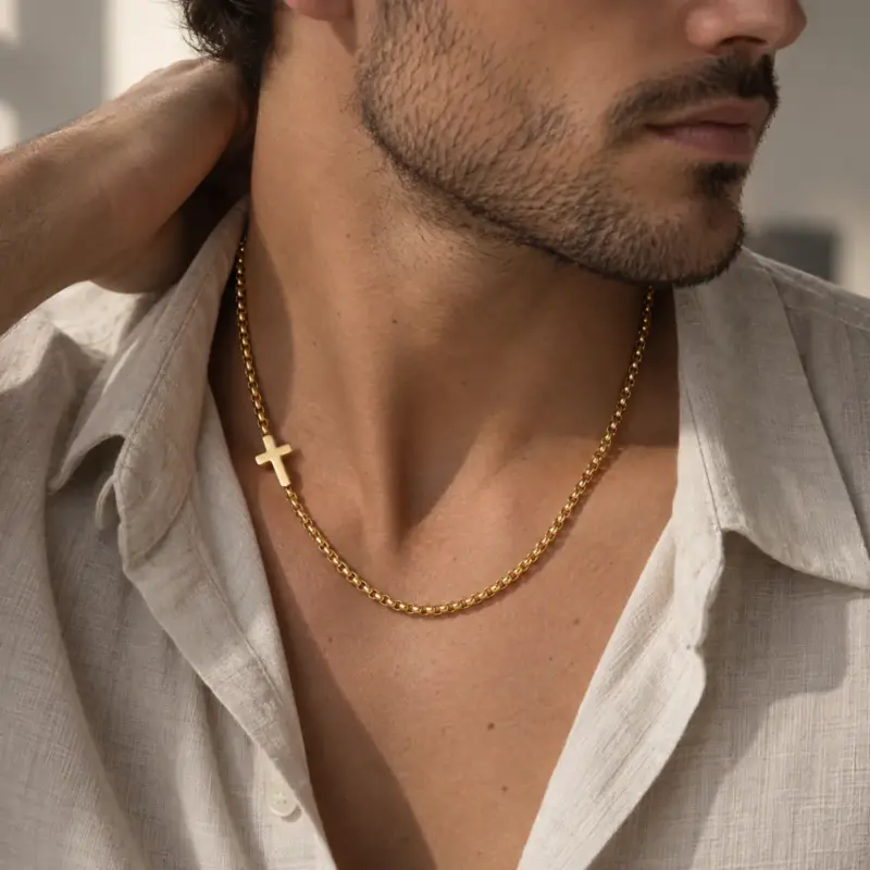 horizontal cross necklace gold horizon Man wearing the sideways gold cross chain with an open linen shirt in daylight