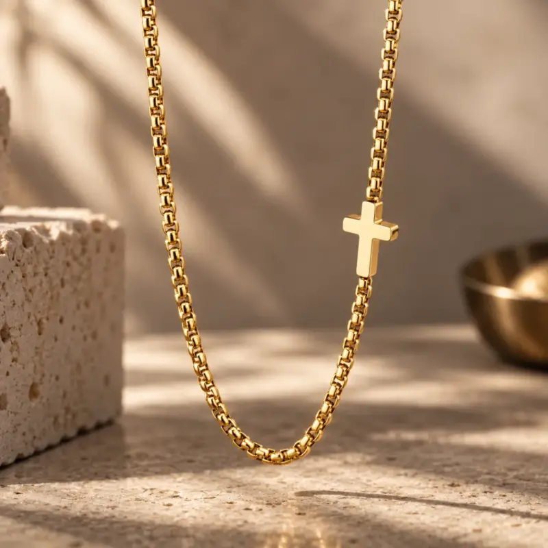 horizontal cross necklace gold horizon Gold cross station necklace draped over pale travertine stone in warm light