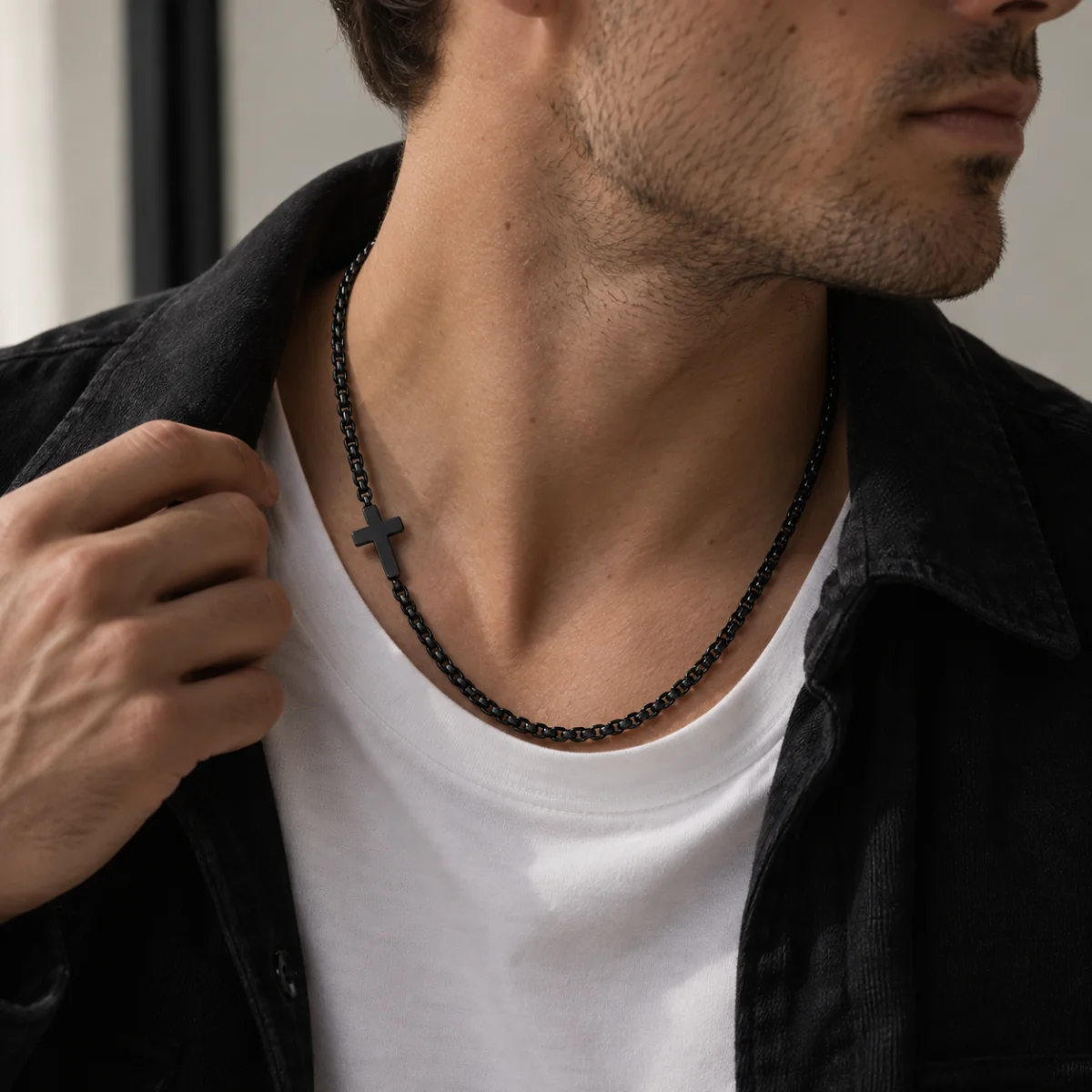 Black Sideways Cross Necklace for Men - Verso | Crystia