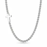Silver stainless steel box chain with a polished cross set into the links, white background