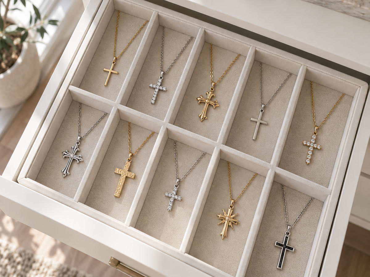 Neatly organized cross necklaces in a minimalist drawer organizer with individual soft-lined compartments