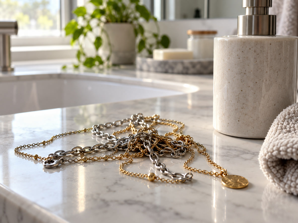 Tangled silver and gold chain necklaces on a bathroom counter showing a common jewelry storage mistake