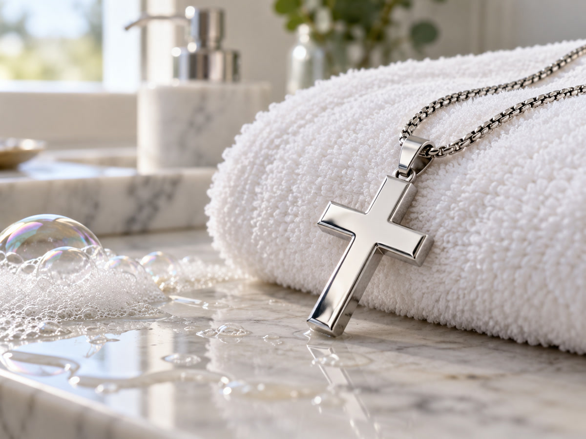 Stainless steel cross pendant resting on a wet white towel with soap bubbles, ready for daily wear.