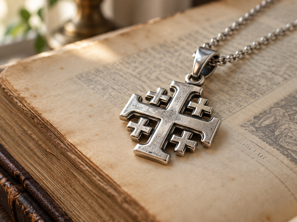 Sterling silver Jerusalem cross pendant with one large central cross and four smaller crosses resting on an open antique Bible page in soft window light.