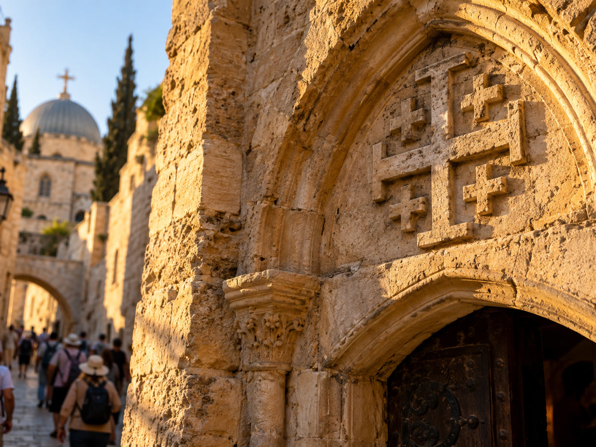 Crusader-era stone Jerusalem cross carved above a medieval church doorway in the old city of Jerusalem at golden hour.