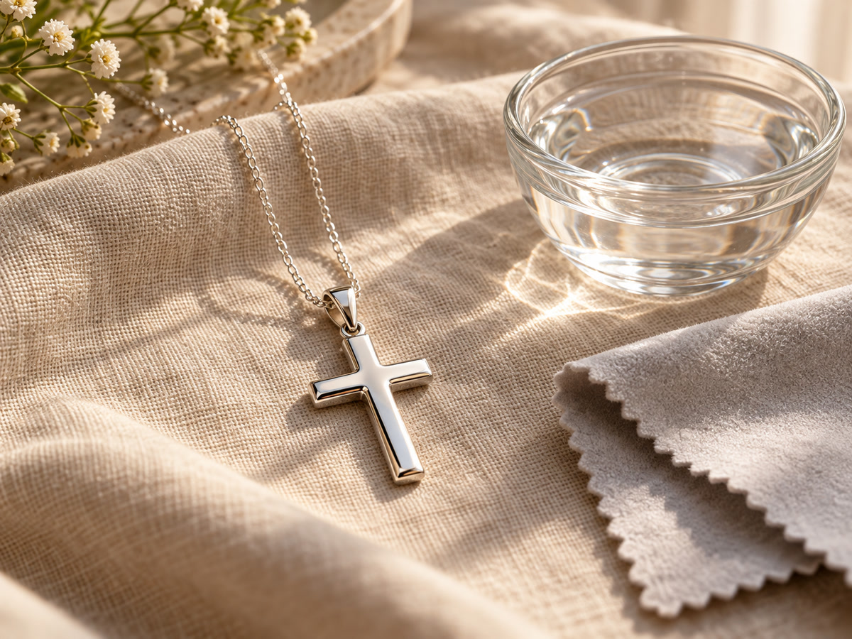 Sterling silver cross pendant on a beige linen cloth with a polishing cloth and a small bowl of water.