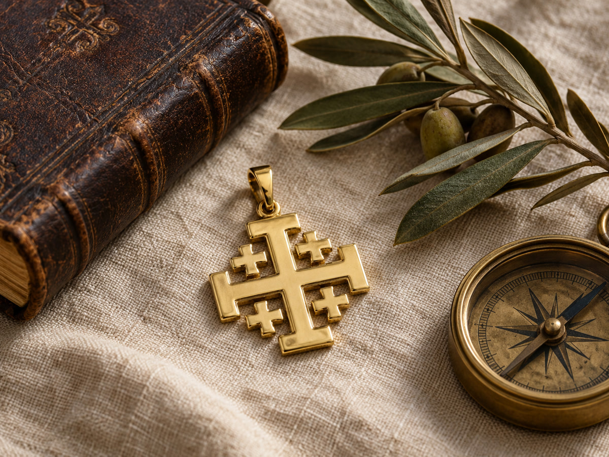 Flat lay of a gold-plated Jerusalem cross pendant with a leather prayer book, dried olive branch and brass compass on linen.