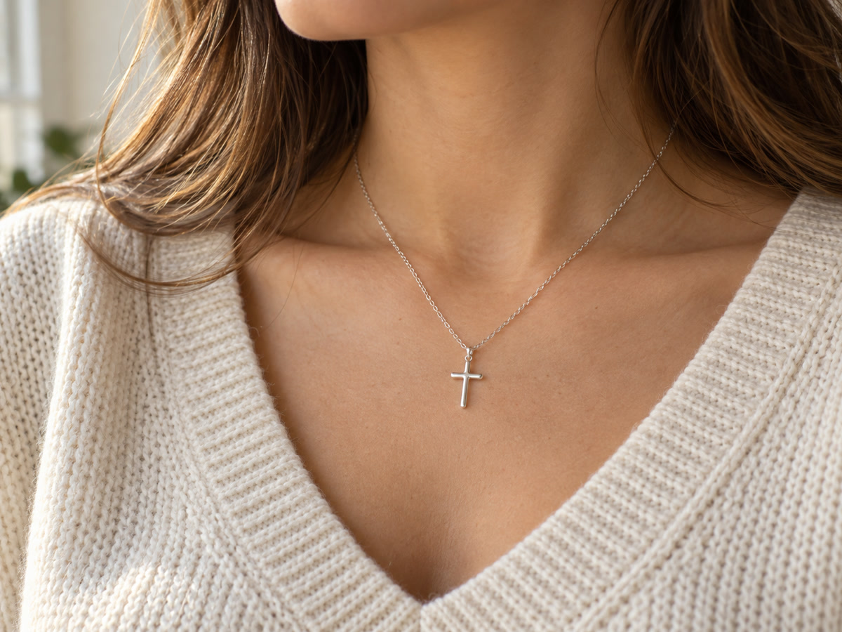 Young woman wearing a small sterling silver cross on an 18 inch chain that sits just below her collarbone over a cream knit sweater.