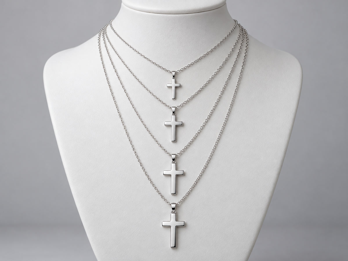 White jewelry display bust wearing four silver cross pendants on chains of four different lengths, 16, 18, 20 and 24 inches, showing where each length falls on the chest.