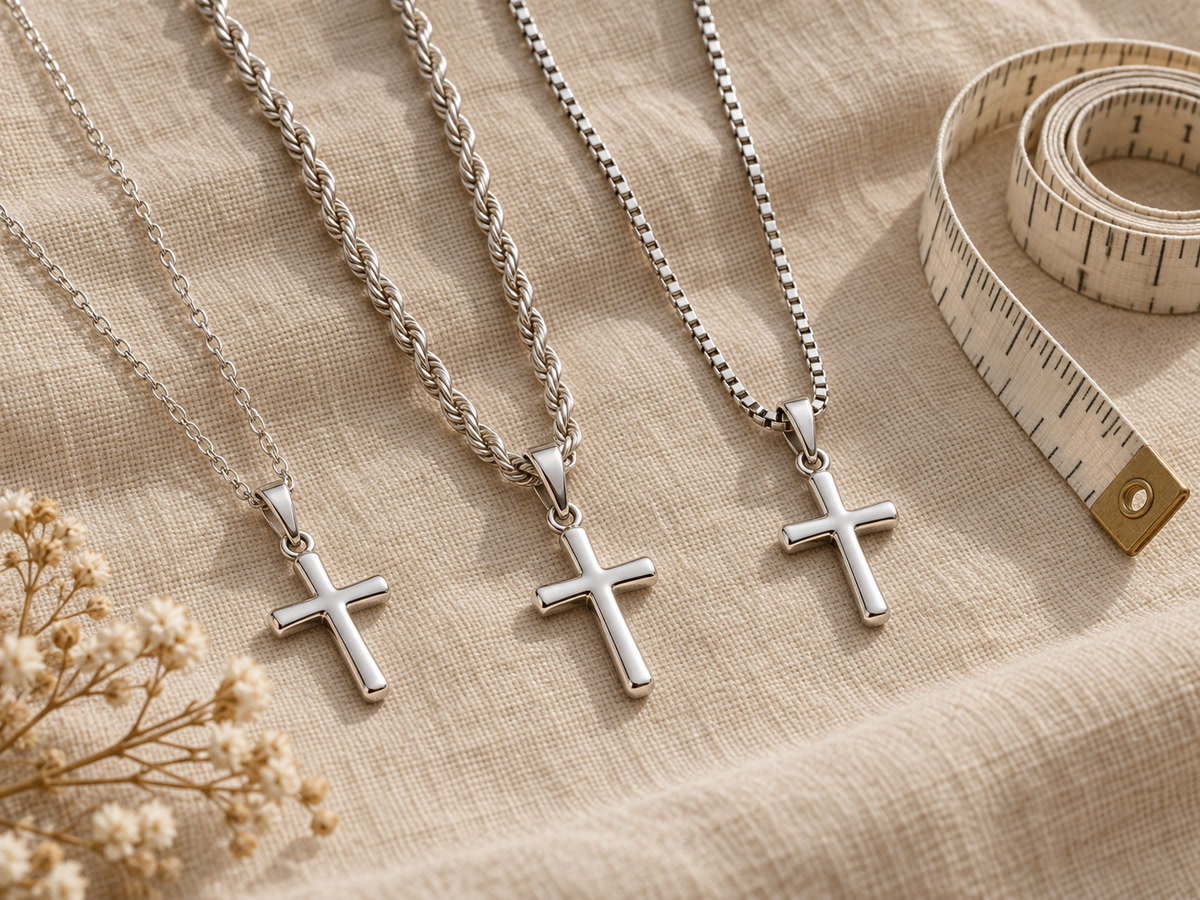 Flat lay of a cable chain, a rope chain and a box chain, each holding a small silver cross, next to a soft measuring tape on beige linen.