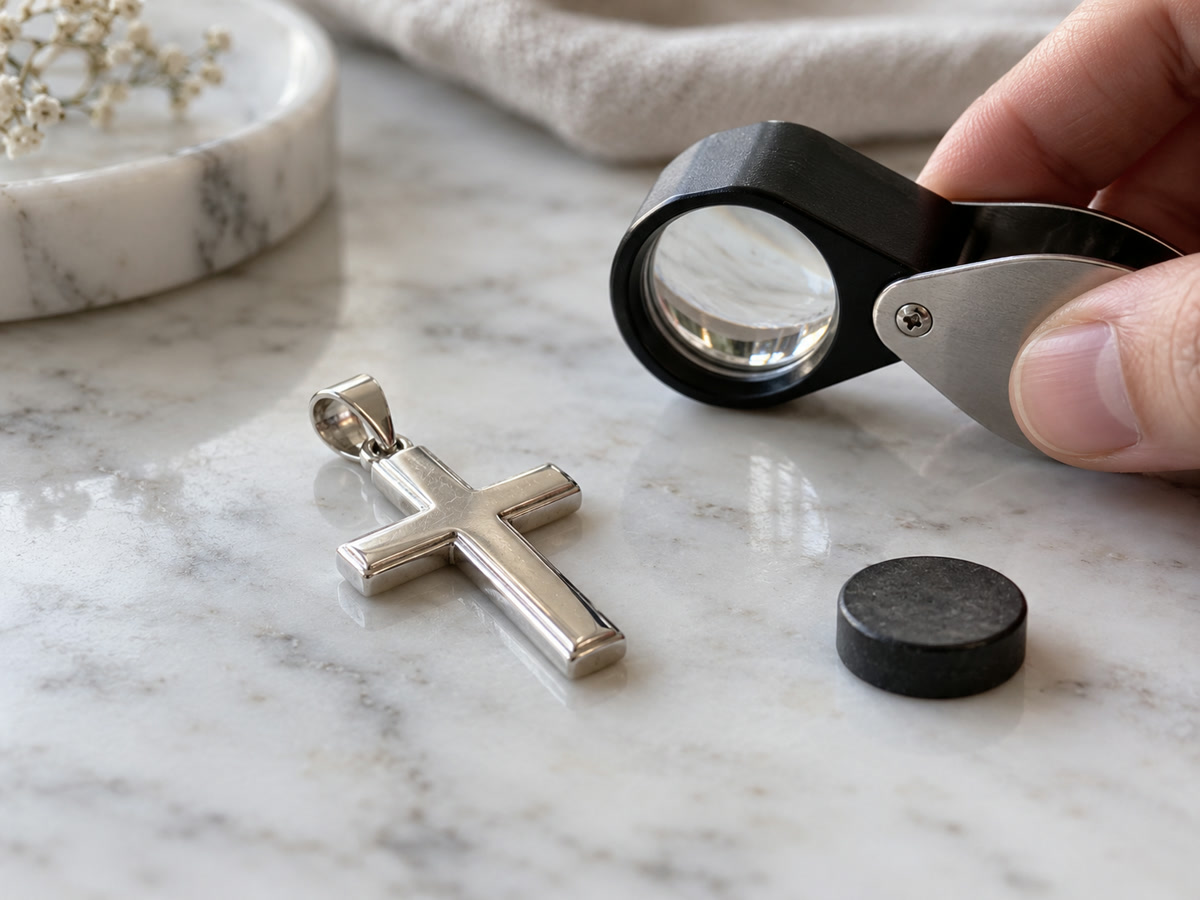 Sterling silver cross pendant on a marble table beside a jeweler's loupe and a small magnet used for the magnet test