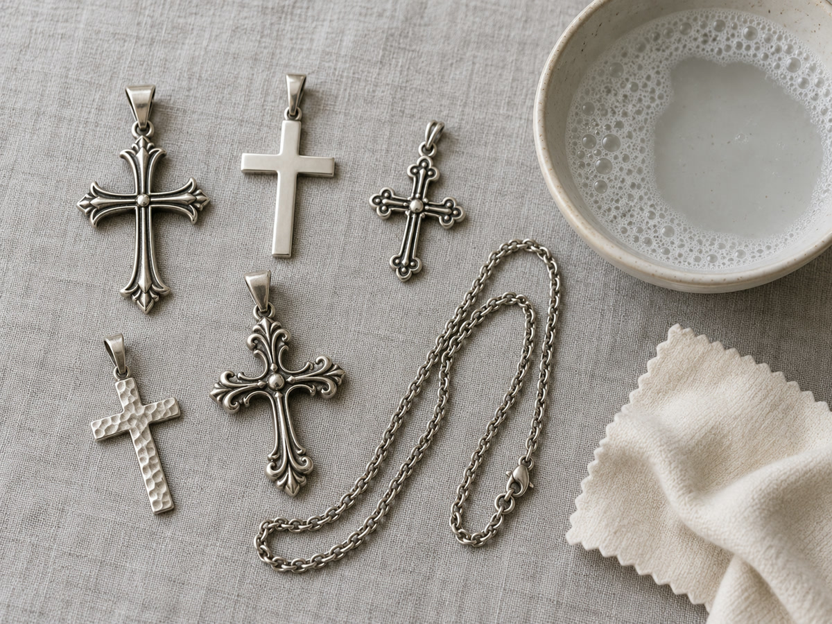 Flat lay of several sterling silver crosses and a silver chain on a light linen cloth with a polishing cloth