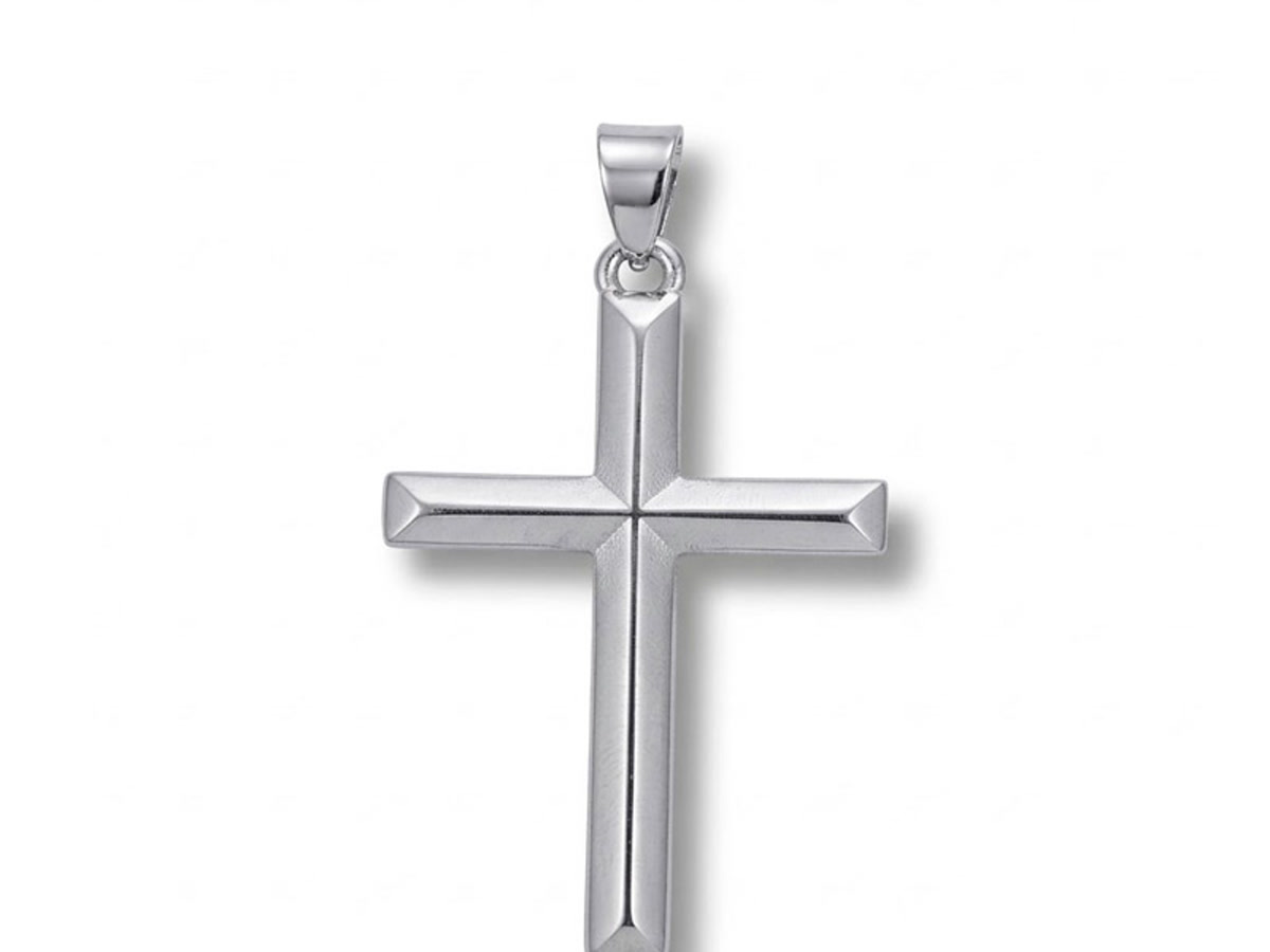 Solid 925 sterling silver cross pendant, polished and bright, a metal that never turns skin green.