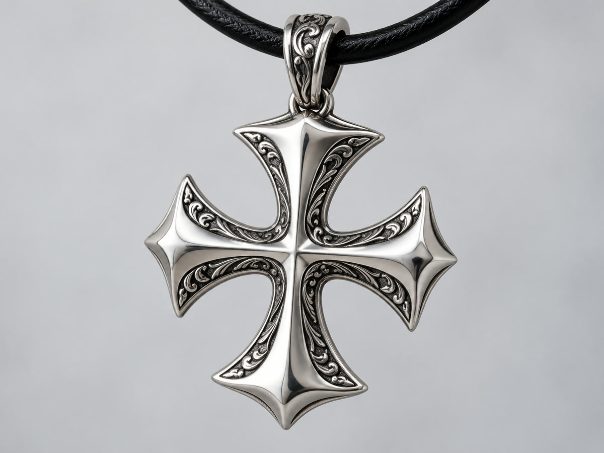 Polished sterling silver cross pattée pendant with flared widening arms hanging on a black leather cord.