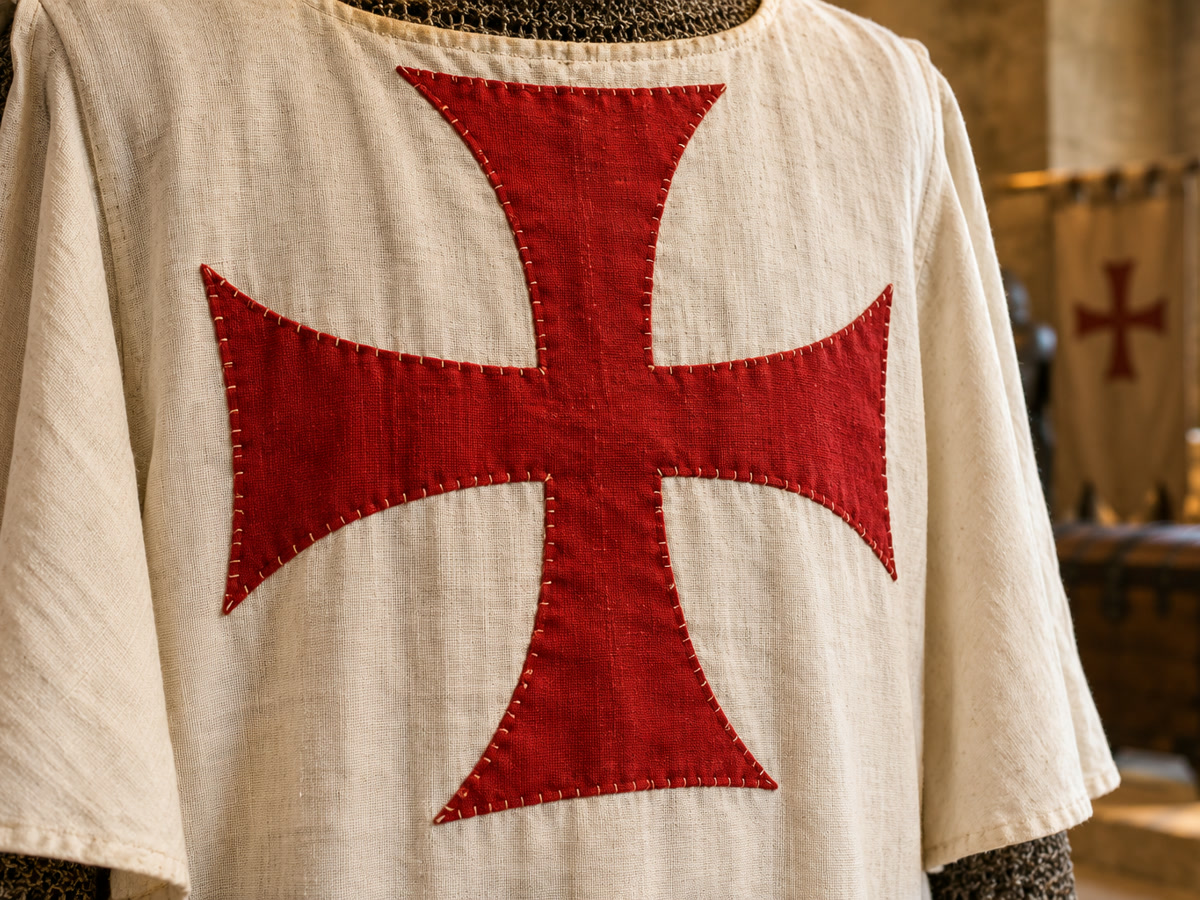 White linen medieval surcoat with a large red cross pattée stitched by hand onto the chest, flared arms clearly visible.